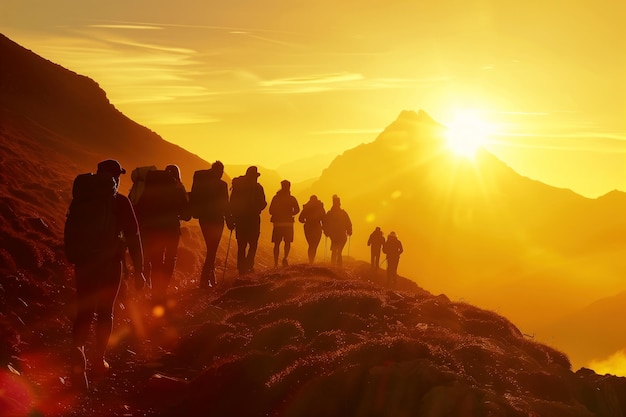 Un grupo de personas camina por las montañas al atardecer