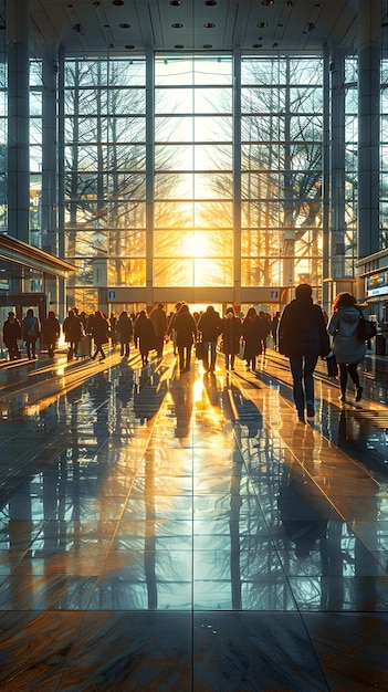 Grupo de personas caminando por un amplio aeropuerto con ventanas azules