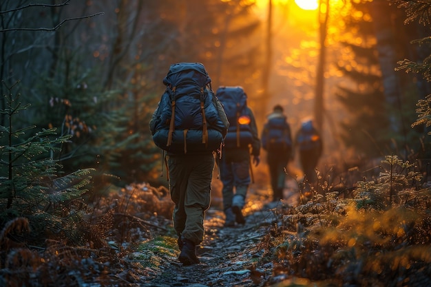 Un grupo de personas caminando por el bosque al atardecer