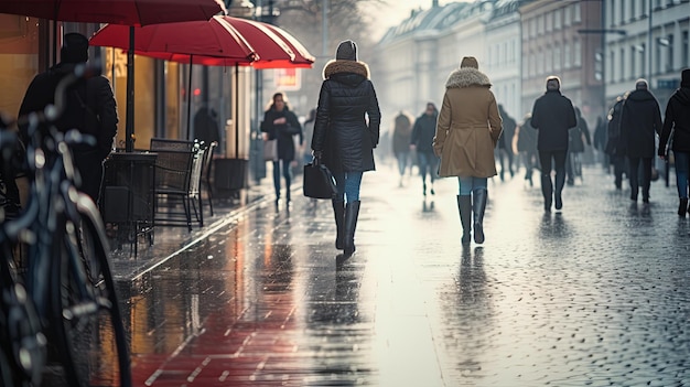 Un grupo de personas caminando por una calle lluviosa