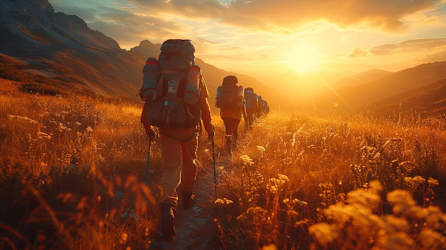 Grupo de personas caminando por un campo al atardecer IA generativa