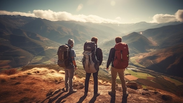 grupo de personas caminando en la cima de la montaña, aventura y estilo de vida activo