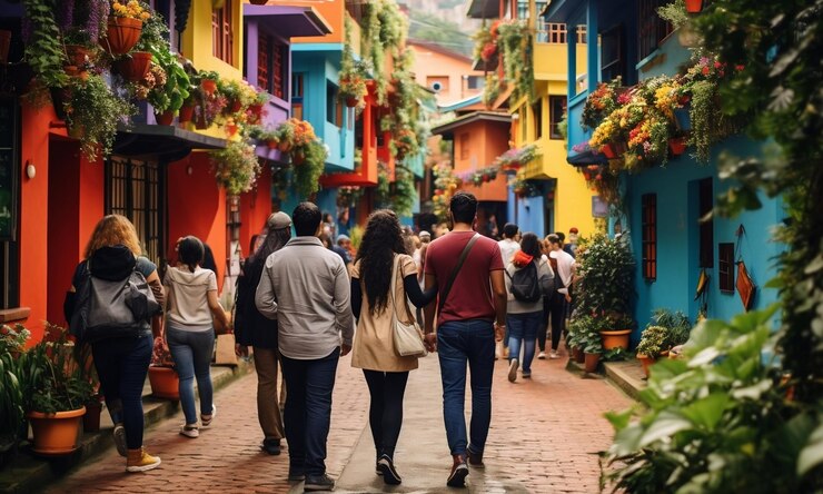 grupo de personas caminando Ciudad Colorida de Colombia Estilo de Vida Digital