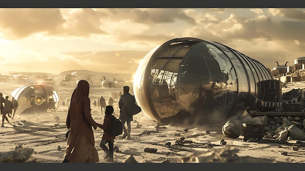 Foto un grupo de personas caminando hacia un edificio futurista en el desierto