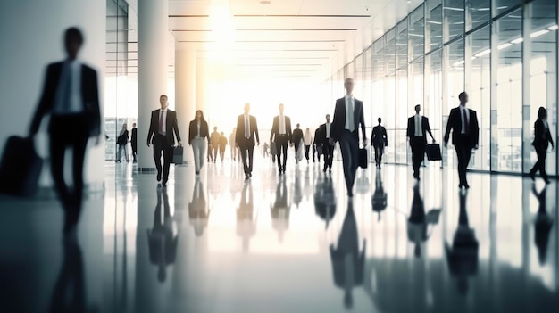 Un grupo de personas caminando en un edificio con un sol brillante detrás de ellos.