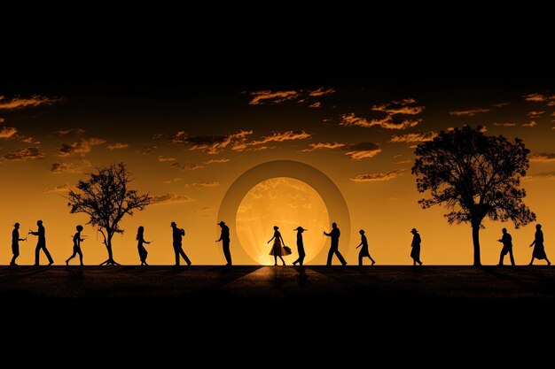 un grupo de personas caminando frente a una puesta de sol