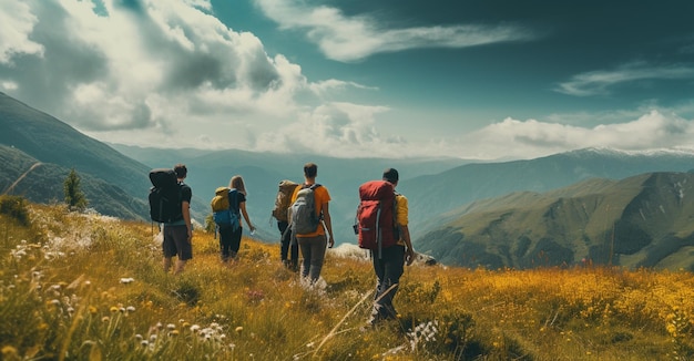 Un grupo de personas caminando en una montaña.