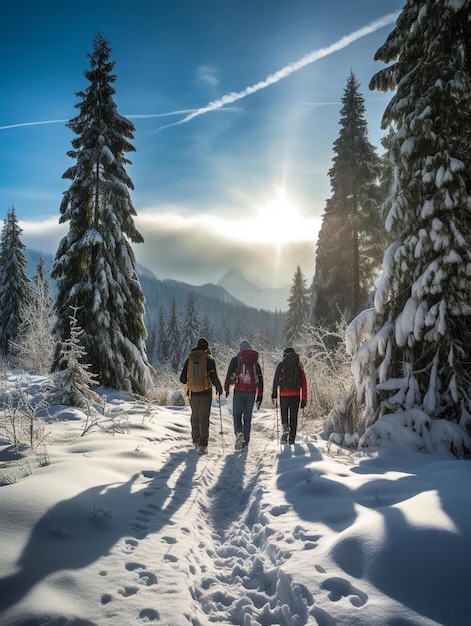 un grupo de personas caminando en la nieve con montañas en el fondo.