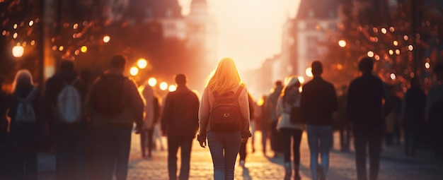 Foto un grupo de personas caminando por la noche en una ciudad