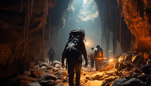 Foto grupo de personas caminando en la oscuridad con mochilas en llamas generadas por ia