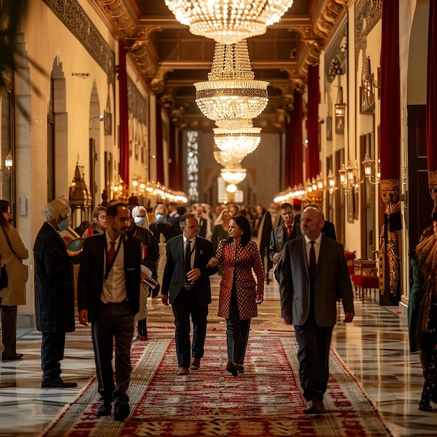 un grupo de personas caminando en un pasillo con candelabros colgando del techo