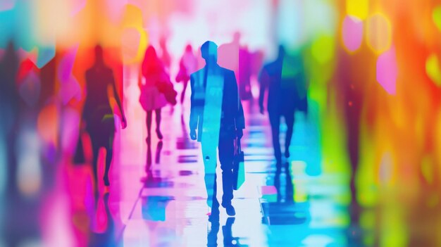 Un grupo de personas caminando por un pasillo con luces de colores ai