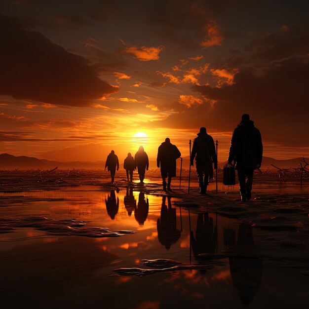 Foto un grupo de personas caminando por una playa con el sol poniéndose detrás de ellos