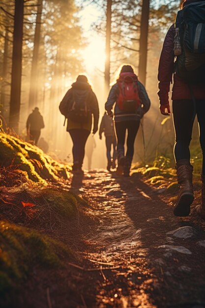 Foto un grupo de personas caminando por un sendero en el bosque adecuado para actividades al aire libre y diseños con temas naturales