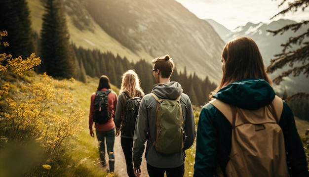 Un grupo de personas caminando por un sendero en las montañas.