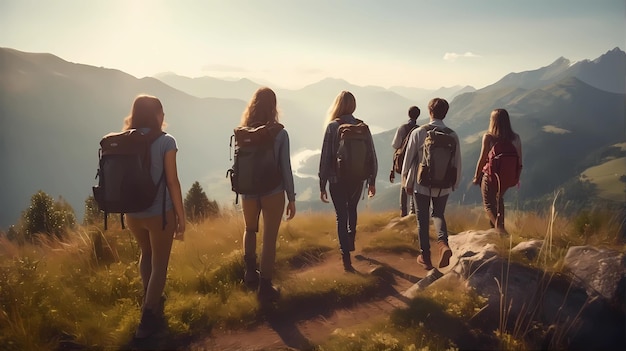 Foto un grupo de personas caminando por un sendero en las montañas.