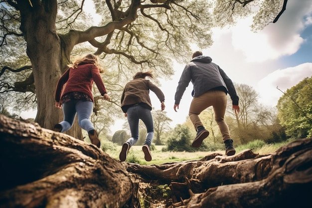 un grupo de personas caminando a través de un árbol caído