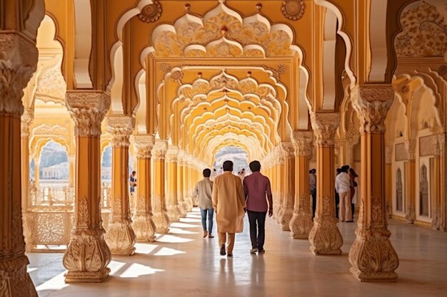 Foto un grupo de personas caminando a través de un edificio con columnas y arcos