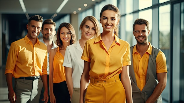 un grupo de personas con camisas amarillas brillantes y la palabra ¿Quieres ser una tarjeta de visita