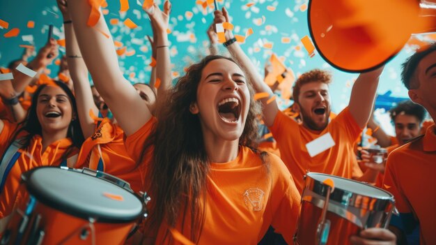 Un grupo de personas con camisas naranjas están de pie en una multitud