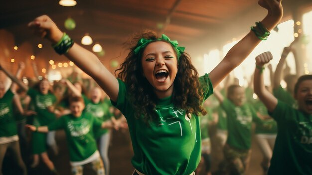 Grupo de personas con camisas verdes bailando el día de San Patricio