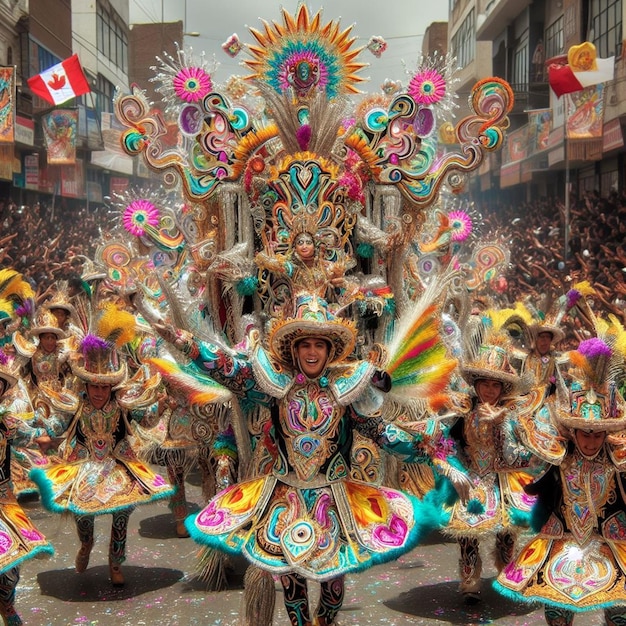 un grupo de personas en un carnaval con una bandera en el fondo