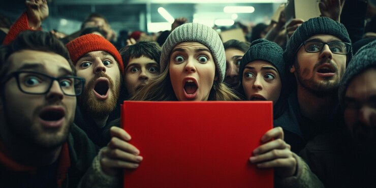 un grupo de personas con un cartel rojo que dice que es una multitud