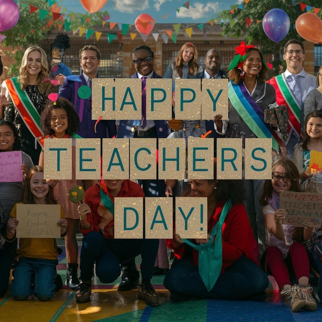 Foto un grupo de personas con carteles que dicen día de los maestros