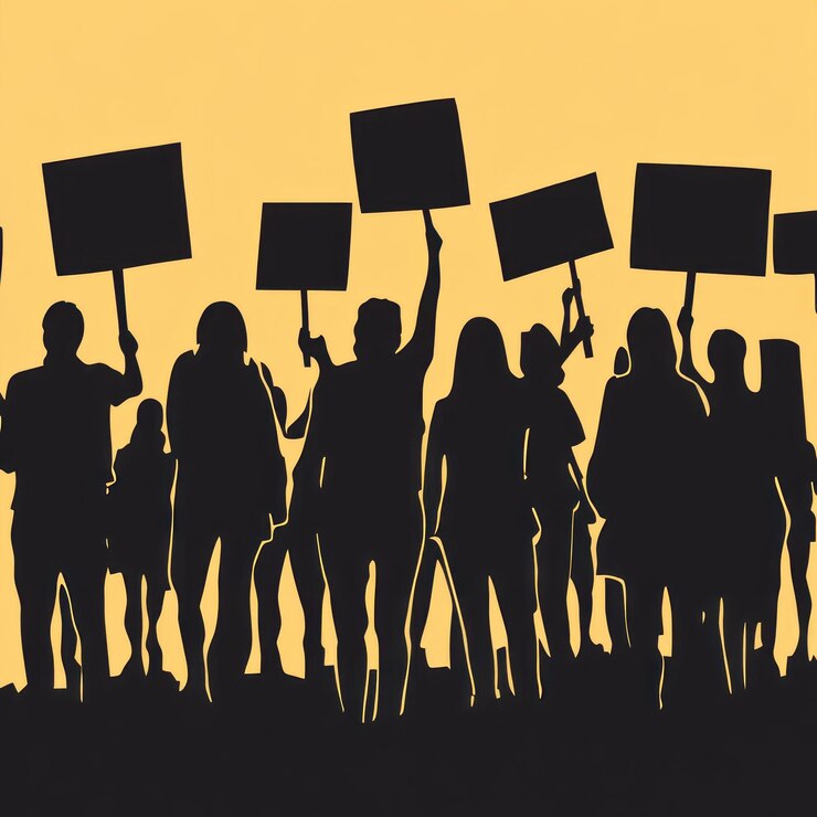 un grupo de personas con carteles que dicen que no
