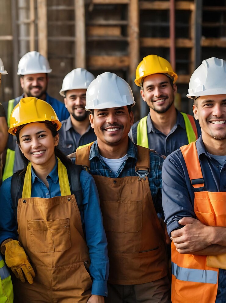 Foto un grupo de personas con cascos y chalecos están sonriendo