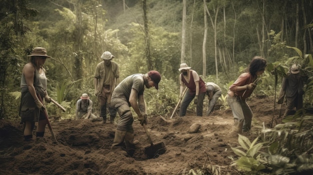 Un grupo de personas cavando en la jungla con una pala.