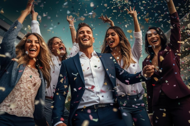 Un grupo de personas celebrando con confeti en el aire.