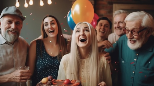 Un grupo de personas celebrando un cumpleaños con globos y globos.