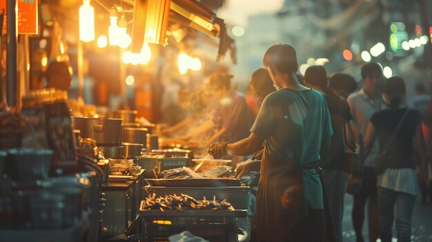 un grupo de personas cocinando comida en un puesto de comida