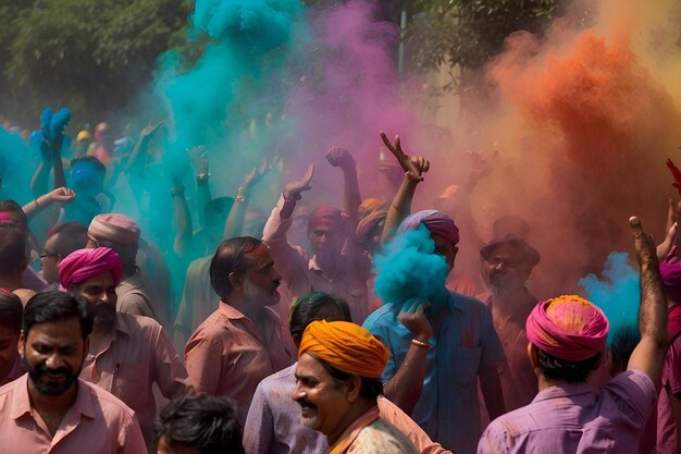 Un grupo de personas con coloridos Holi celebrando