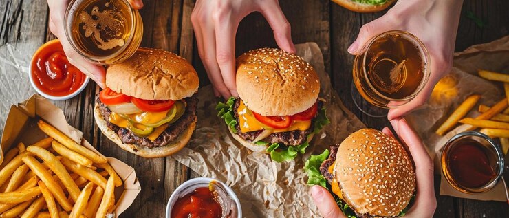 un grupo de personas comiendo hamburguesas y papas fritas