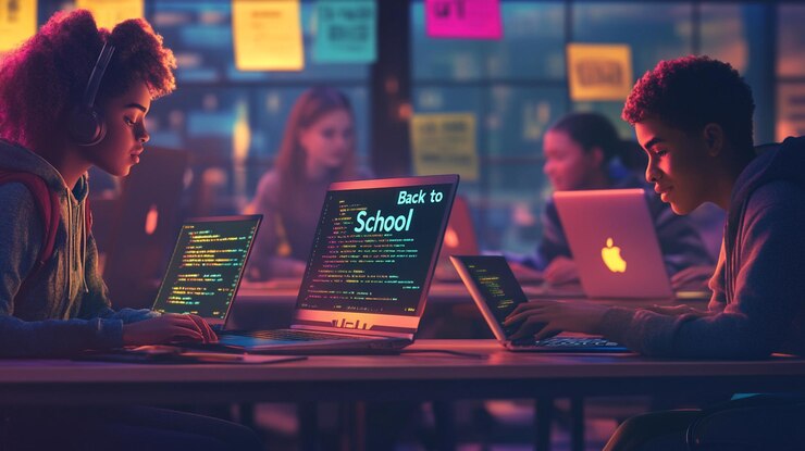 Foto un grupo de personas con computadoras portátiles con las palabras "escuela" en ellas