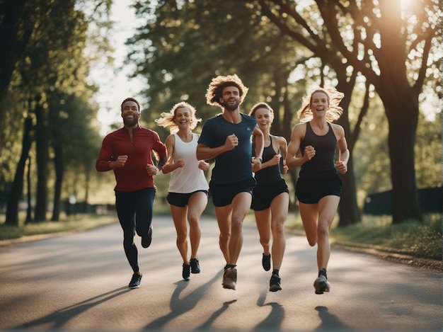 Foto grupo de personas corriendo en un parque con árboles en el fondo