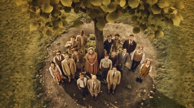 Un grupo de personas se para debajo de un árbol con las palabras "toda la familia" en él.