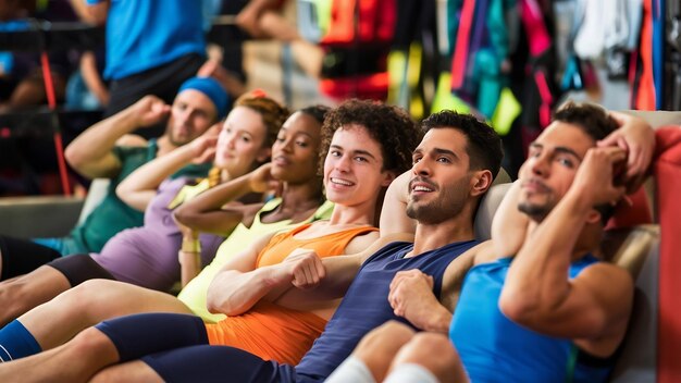 Foto grupo de personas deportivas en una postura de asiento fácil de cerca