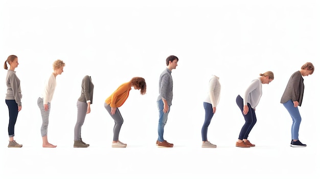 Foto un grupo de personas de diferentes edades y tipos de cuerpo se paran en una fila inclinándose en diferentes grados