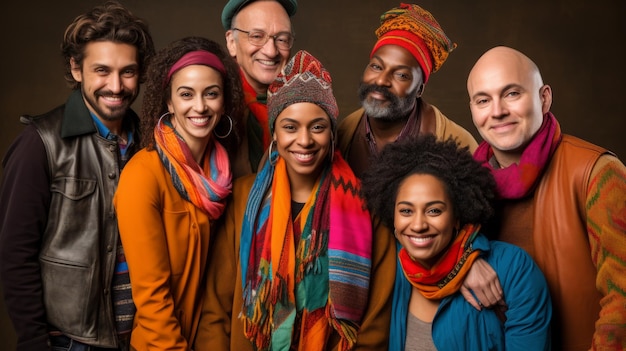 Un grupo de personas de diferentes etnias con pañuelos de colores