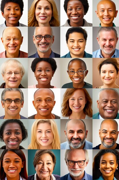 Foto grupo de personas con diferentes expresiones faciales y peinados, todos sonriendo y mirando a la cámara ia generativa