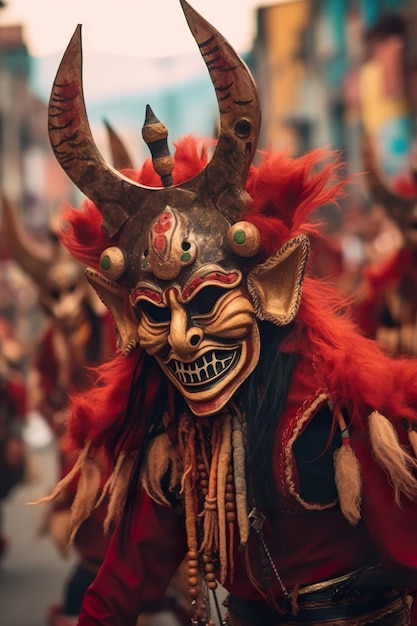 Un grupo de personas disfrazadas caminando por una calle Imagen AI generativa La Diablada en Oruro Bolivia