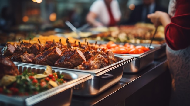 Un grupo de personas disfrutando de un buffet con una variedad de alimentos en el interior de un restaurante que incluye carnes, frutas y verduras coloridas.