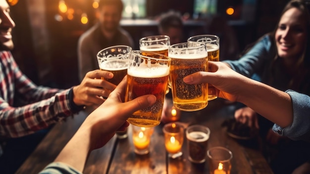 Grupo de personas disfrutando y tostando una cerveza en cervecería pub