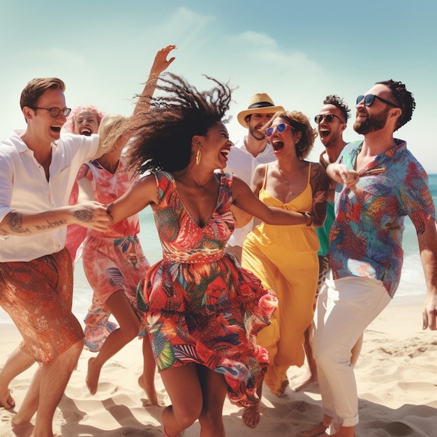 Un grupo de personas diversas bailando en la playa