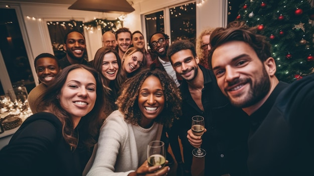 Un grupo de personas diversas celebrando en una fiesta de Navidad de negocios alegría y decoraciones festivas