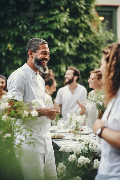 grupo de personas diversas disfrutando de la tarde y la noche de verano en la fiesta del jardín mientras el chef en un blanco