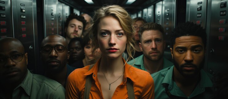 Foto un grupo de personas diversas están juntas en un ascensor débilmente iluminado transmitiendo tensión